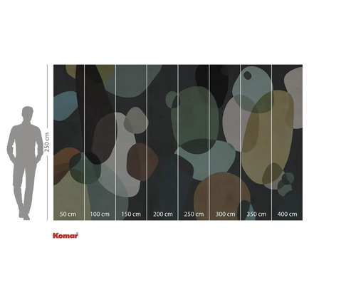 Fototapete mit abstraktem Kieselsteindesign und Größenangaben.