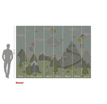 Illustration einer Tapete mit Bergen, Tieren und Ballons, Abmessungen 280 mal 400 cm