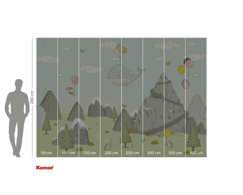 Illustration einer Tapete mit Bergen, Tieren und Ballons, Abmessungen 280 mal 400 cm