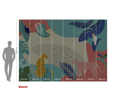 Komar Fototapete mit Dschungelmotiv, mit Tukan, Kakadu und Leoparden, Abmessungen 280 mal 400 cm