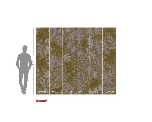 Fototapete mit botanischem Muster und Größenangaben.