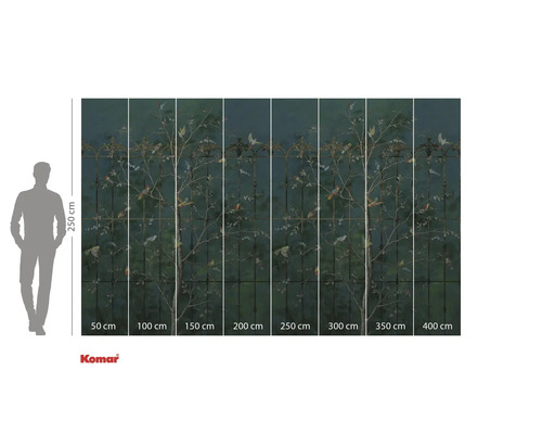 Fototapete mit Vogel- und Pflanzenmotiv und Größenangaben