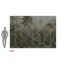 Tapete mit Dschungelmotiv und Größenangaben.