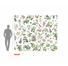 Fototapete mit Pflanzenmotiven, Blumen, Blättern und Vögeln in einer naturnahen Darstellung für die Wandgestaltung