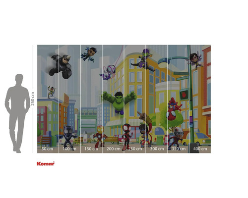 Fototapete mit Marvel Superhelden im Comicstil vor einer Stadtkulisse