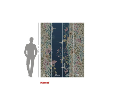 Vliestapete mit Blumen- und Vogelmuster, Tapetengröße 250 mal 200 cm