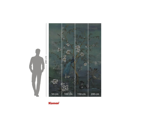 Komar Fototapete mit Pfauen und floralem Design, 280 cm hoch, aufgeteilt in vier Bahnen