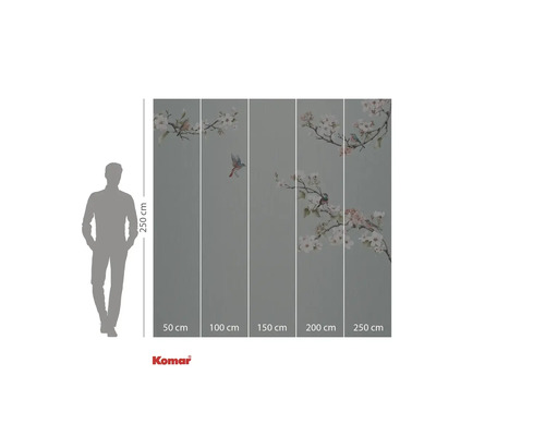 Fototapete mit Vogel- und Blütenmotiven, Abmessungen 250 mal 250 Zentimeter