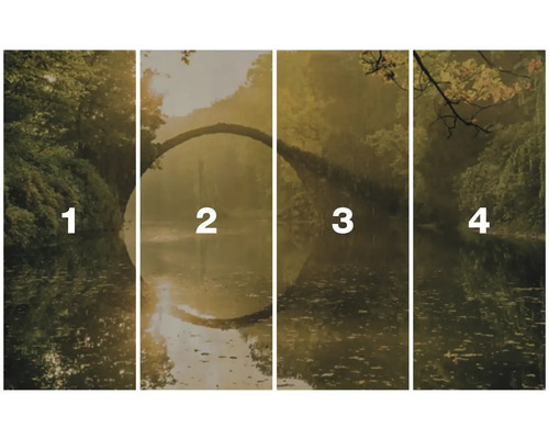 Vierteilige Fototapete mit Landschaftsmotiv eines Sees und einer Brücke