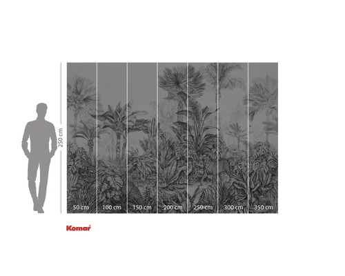 Komar Fototapete mit Dschungelmotiv, bestehend aus Palmen, Blättern und Leoparden, mit den Maßen 250 mal 350 Zentimeter