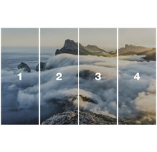 Vierteiliges Landschaftsbild mit Bergen und Wolken