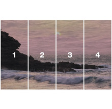 Vierteiliges Landschaftsbild einer Küste mit Felsen und Meer