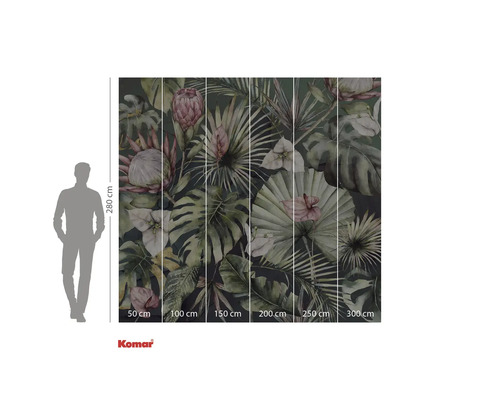 Komar Fototapete mit tropischen Pflanzen und Größenangaben