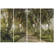 Vierteiliges Wandbild mit einer Straße durch einen Wald.