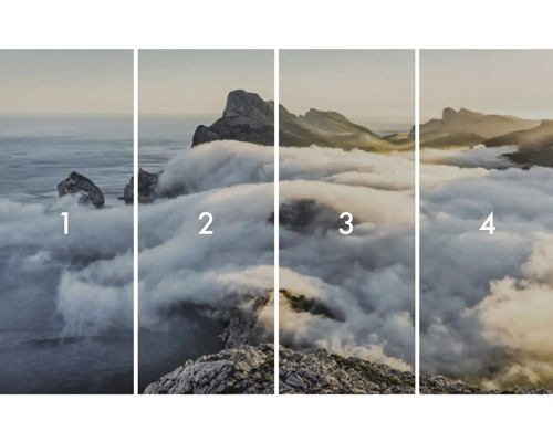 Vierteiliges Wandbild mit Berglandschaft im Nebel