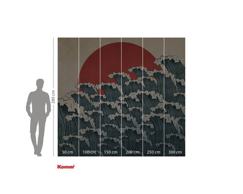 Fototapete mit Wellenmuster und roter Sonne im Hintergrund