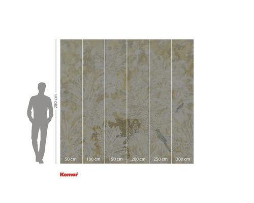 Komar Fototapete mit Dschungelmotiv, Leopard und Papageien, Abmessungen 280 mal 300 cm