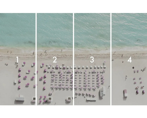 Vier Strandansichten mit abnehmender Dichte an Sonnenschirmen und Liegestühlen.