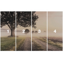 Mehrteiliges Bild einer Landschaft mit Bäumen und Nebel