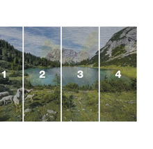Vierteiliges Wandbild mit Landschaftsmotiv aus Bergen, See und Schafen