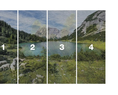 Vierteiliges Wandbild mit Landschaftsmotiv aus Bergen, See und Schafen