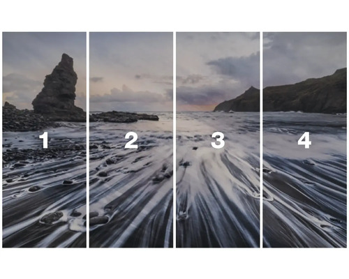 Vierteiliges Landschaftsbild mit Küstenmotiven