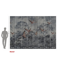 Fototapete mit einem Motiv von fliegenden Flamingos vor Bäumen