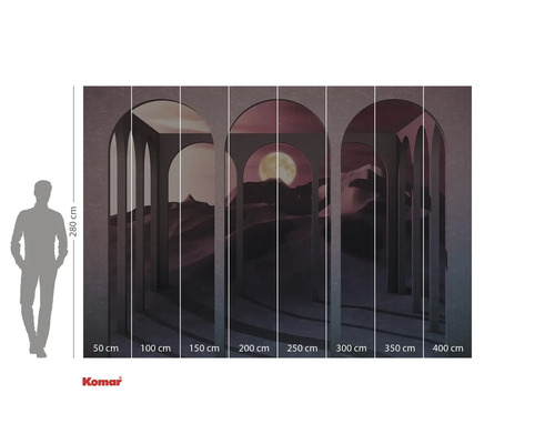 Fototapete mit Wüstenlandschaft, Mond und Torbögen und Größenangaben