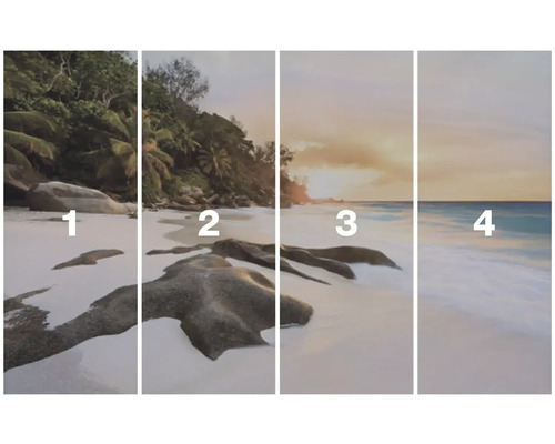 Vierteiliges Strandmotiv mit Felsen und Vegetation