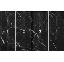 Vliestapete mit Marmorstruktur und geometrischen Mustern, vier Bahnen nebeneinander.