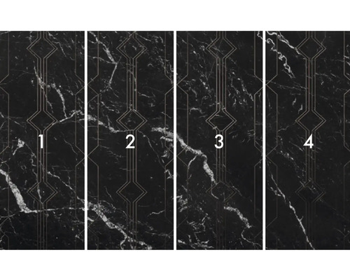 Vliestapete mit Marmorstruktur und geometrischen Mustern, vier Bahnen nebeneinander.