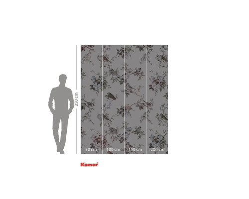 Komar Fototapete mit Blumen- und Vogelmuster in Grautönen