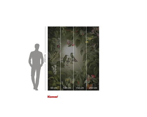Komar Fototapete mit Vogel- und Pflanzenmuster, Abmessungen sind dargestellt