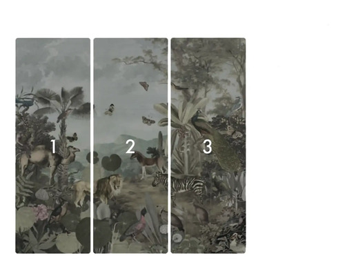 Dreiteilige Fototapete mit Dschungelmotiv und Tieren
