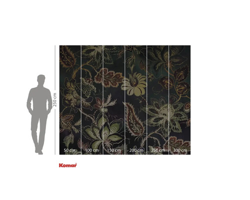 Fototapete mit floralem Muster und Größenangaben.