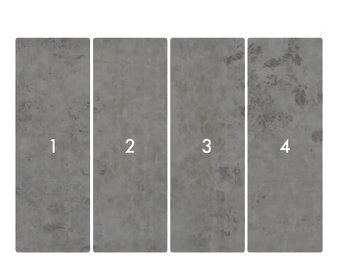 Vier Vinylbodenpaneele mit Steinoptik, nummeriert von eins bis vier.