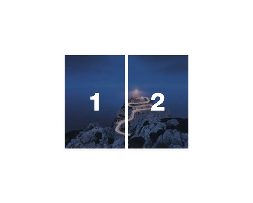 Zweiteiliges Bild einer Berglandschaft mit Serpentinenstraße