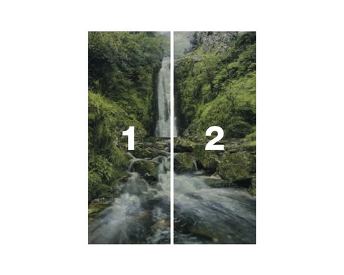 Fototapete mit Wasserfall und Waldmotiv, bestehend aus zwei Teilen
