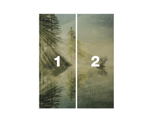 Zweiteiliges Türtapetenmotiv mit Wald- und Seendarstellung