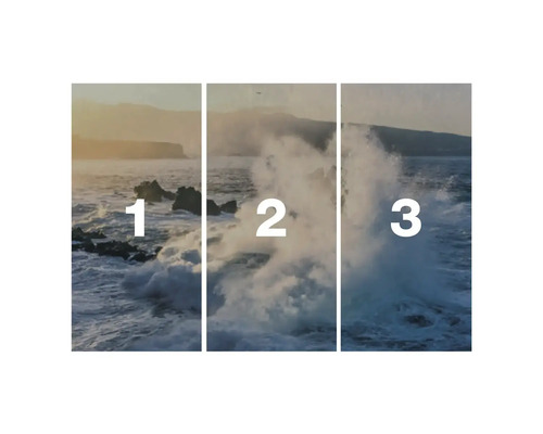 Dreiteiliges Bild von Wellen, die gegen Felsen schlagen