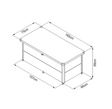Technische Zeichnung eines Schreibtisches mit den Maßen 165 x 75 x 69 cm.