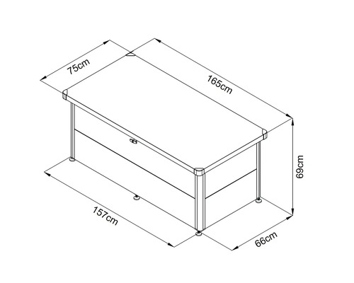 Technische Zeichnung eines Schreibtisches mit den Maßen 165 x 75 x 69 cm.