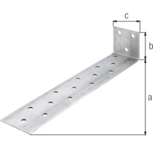 Winkelverbinder aus Metall mit Bohrungen und Maßangaben a, b und c.