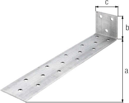 Winkelverbinder aus Metall mit Bohrungen und Maßangaben a, b und c.