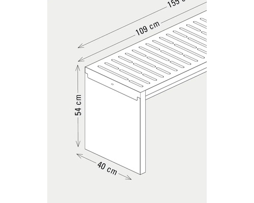Technische Zeichnung einer Gartenbank mit Maßangaben: Länge 155 cm, Bankfläche 109 cm, Höhe 54 cm, Tiefe 40 cm.