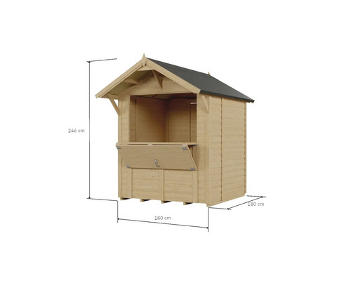 Holzverkaufsstand mit einer Höhe von 246 cm und einer Breite von 180 cm.