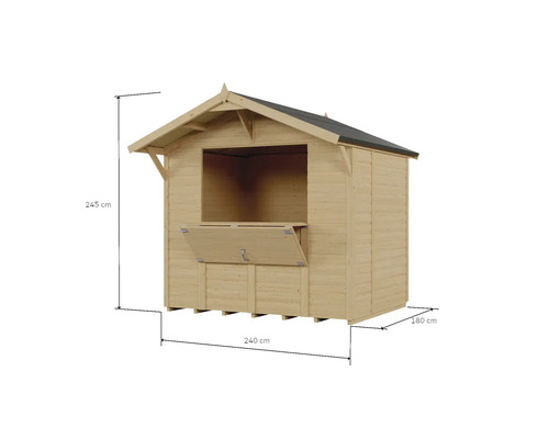 Holzgartenhaus mit den Maßen 245 cm Höhe, 240 cm Breite und 180 cm Tiefe.