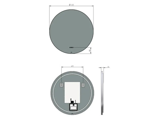 Technische Zeichnung eines runden Spiegels mit den Maßen 800 mm Durchmesser und 44 mm Tiefe