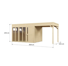 Abbildung eines Gartenhauses mit einer Gesamtbreite von 558 Zentimetern, einer Höhe von 232 Zentimetern und einer Tiefe von 234 Zentimetern.