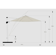 Maße eines Sonnenschirms mit Sockel.